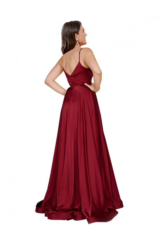 Azul francés línea A Tirantes espagueti Satén sedoso Largo Formales Vestidos de dama de honor / Vestidos de fiesta Outlet