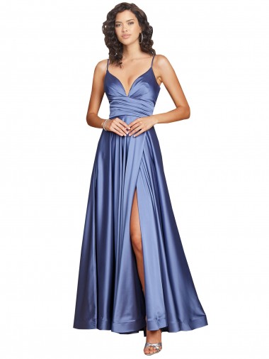 Azul francés línea A Tirantes espagueti Satén sedoso Largo Formales Vestidos de dama de honor / Vestidos de fiesta Outlet