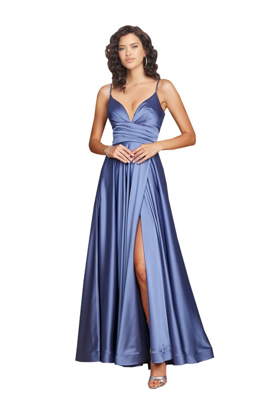 Azul francés línea A Tirantes espagueti Satén sedoso Largo Formales Vestidos de dama de honor / Vestidos de fiesta Outlet