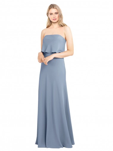 Azul humo Cubierta Cuello Alto Crepé Elástico Largo Formales Vestidos de dama de honor / Vestidos de fiesta Outlet