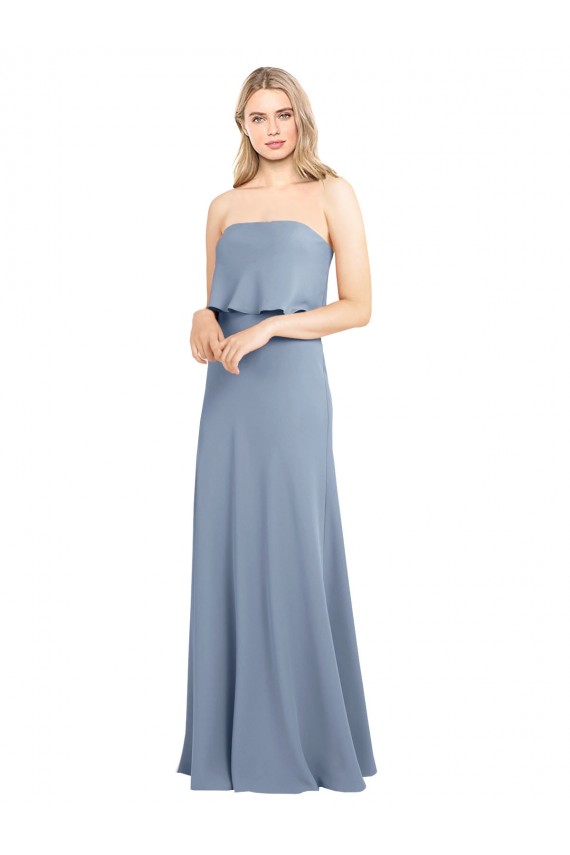 Azul humo Cubierta Cuello Alto Crepé Elástico Largo Formales Vestidos de dama de honor / Vestidos de fiesta Outlet