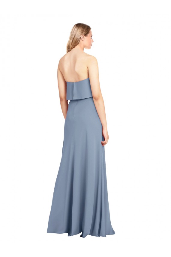 Azul humo Cubierta Cuello Alto Crepé Elástico Largo Formales Vestidos de dama de honor / Vestidos de fiesta Outlet