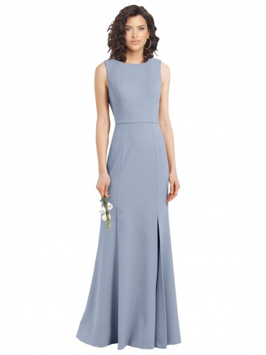 Azul humo Cubierta Cuello Barco Cuello Alto Crepé Elástico Largo Vestidos de dama de honor Outlet