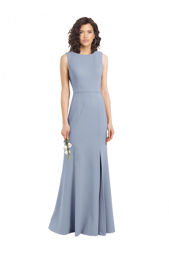 Azul humo Cubierta Cuello Barco Cuello Alto Crepé Elástico Largo Vestidos de dama de honor Outlet