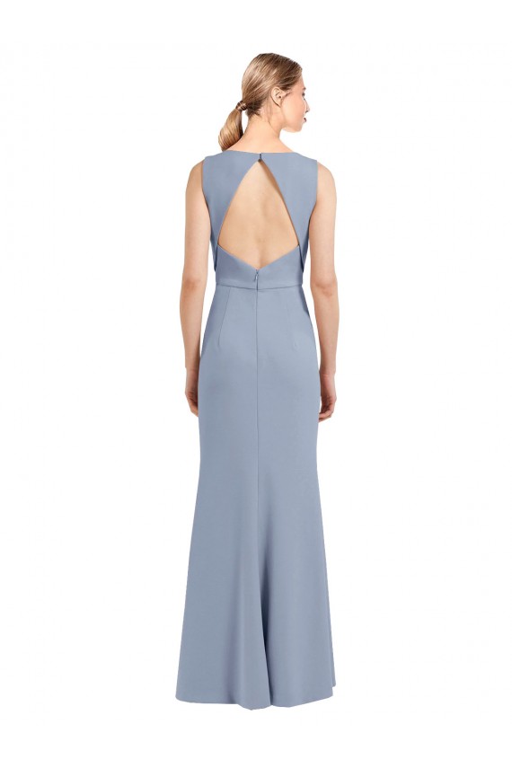 Azul humo Cubierta Cuello Barco Cuello Alto Crepé Elástico Largo Vestidos de dama de honor Outlet