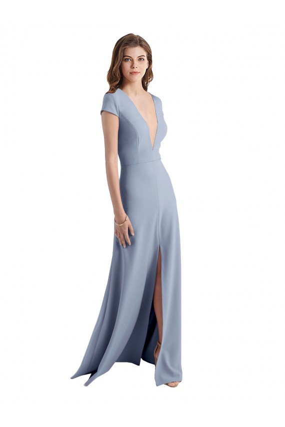 Azul humo Cubierta Cuello en V Cuello Alto Crepé Elástico Largo Vestidos de dama de honor / Vestidos de fiesta Outlet