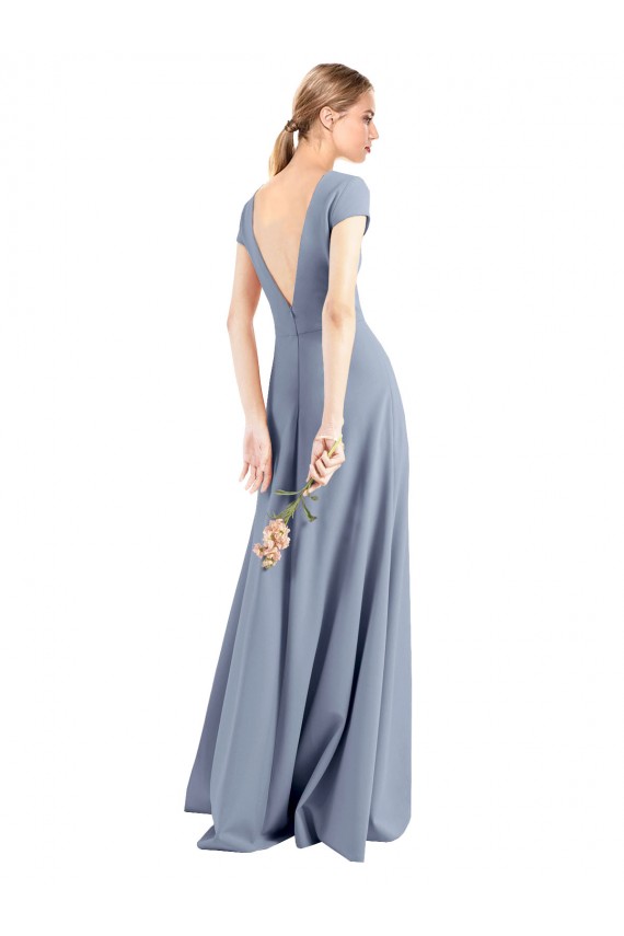 Azul humo Cubierta Cuello en V Cuello Alto Crepé Elástico Largo Vestidos de dama de honor / Vestidos de fiesta Outlet