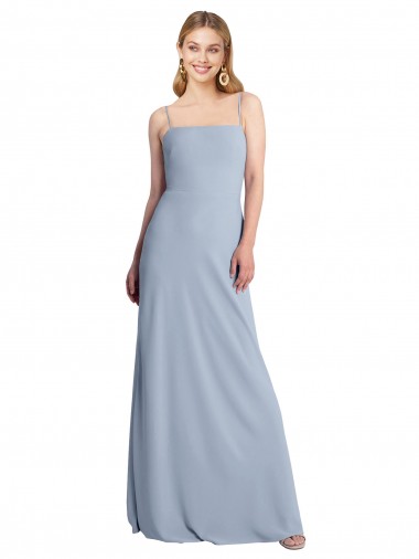 Azul humo línea A Cuadrado Crepé Elástico Largo Vestidos de dama de honor / Vestidos de fiesta Outlet