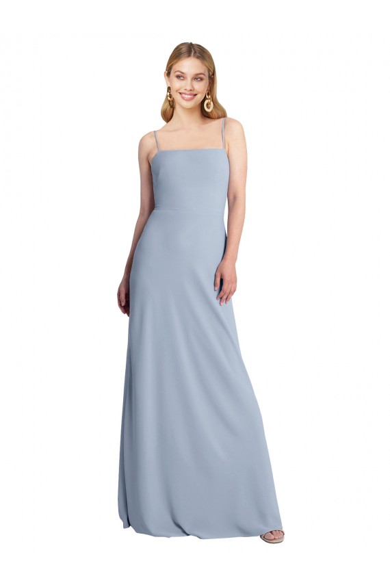 Azul humo línea A Cuadrado Crepé Elástico Largo Vestidos de dama de honor / Vestidos de fiesta Outlet