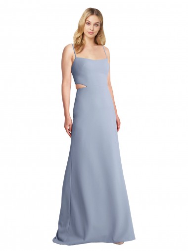 Azul humo línea A Tirantes espagueti Cucharón Crepé Elástico Largo Vestidos de dama de honor / Vestidos de fiesta Outlet