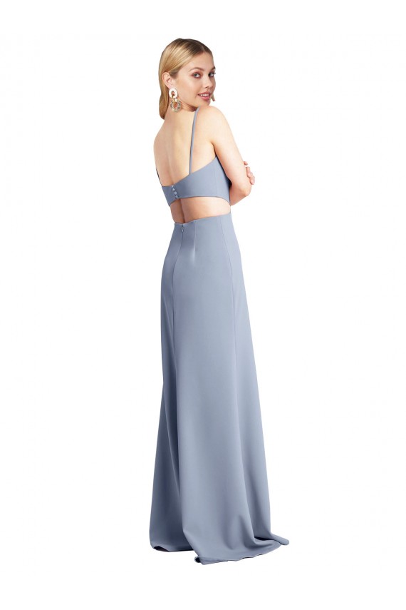 Azul humo línea A Tirantes espagueti Cucharón Crepé Elástico Largo Vestidos de dama de honor / Vestidos de fiesta Outlet