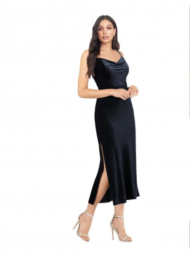 Azul marina oscuro Columna Midi Terciopelo Elástico Corto Formales Vestidos de dama de honor / Vestidos de fiesta / Vestidos de cóctel Outlet