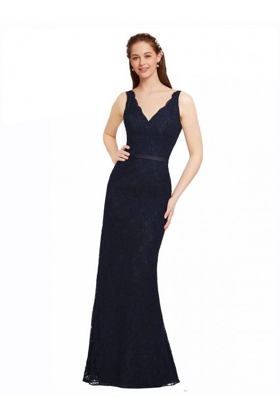 Azul marina oscuro Cubierta Cuello en V Encaje Largo Vestidos de dama de honor Outlet