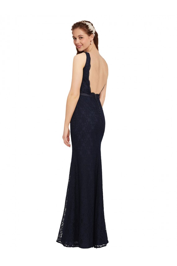 Azul marina oscuro Cubierta Cuello en V Encaje Largo Vestidos de dama de honor Outlet
