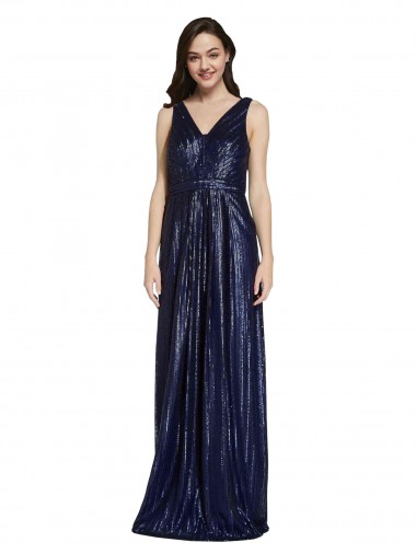 Azul marina oscuro Cubierta Cuello en V Lentejuela Largo Formales Vestidos de dama de honor / Vestidos de fiesta Outlet