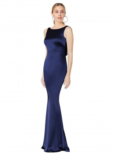 Azul marina oscuro Cubierta Halter Cuello Alto Satén elástico Largo Formales Vestidos de dama de honor / Vestidos de fiesta Outlet