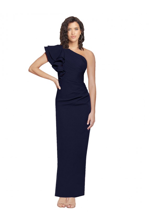Azul marina oscuro Cubierta Un Hombre Crepé Elástico Largo Formales Vestidos de dama de honor / Vestidos de fiesta Outlet