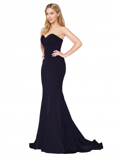 Azul marina oscuro Sirena Cuello Alto Barrer tren Crepé Elástico Largo Formales Vestidos de dama de honor / Vestidos de fiesta Outlet
