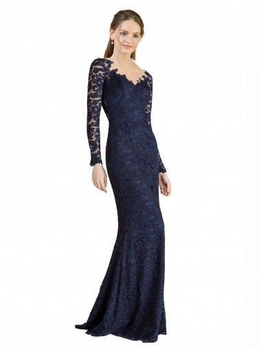 Azul marina oscuro Sirena Cuello de Corazón Encaje Largo Vestidos de dama de honor / Vestidos de fiesta Outlet