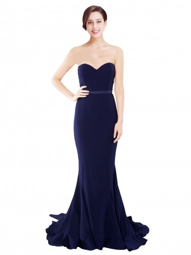 Azul marina oscuro Sirena Cuello de Corazón Sin tirantes Barrer tren Crepé Elástico Largo Vestidos de dama de honor / Vestidos de fiesta Outlet