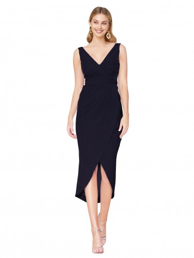 Azul marina oscuro Sirena Cuello en V Cuello Alto Crepé Elástico Corto Asimétrico Formales Vestidos de dama de honor / Vestidos de fiesta / Vestidos de cóctel Outlet