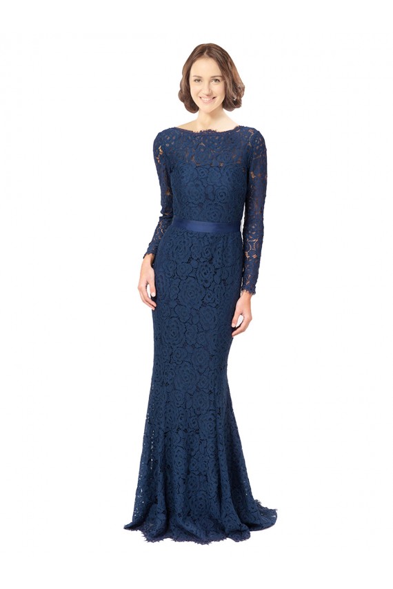 Azul marina oscuro Sirena Cuello joya Barrer tren Encaje Largo Vestidos de dama de honor Outlet