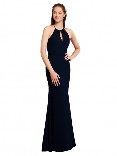 Azul marina oscuro Sirena Halter Gasa Largo Vestidos de dama de honor Outlet