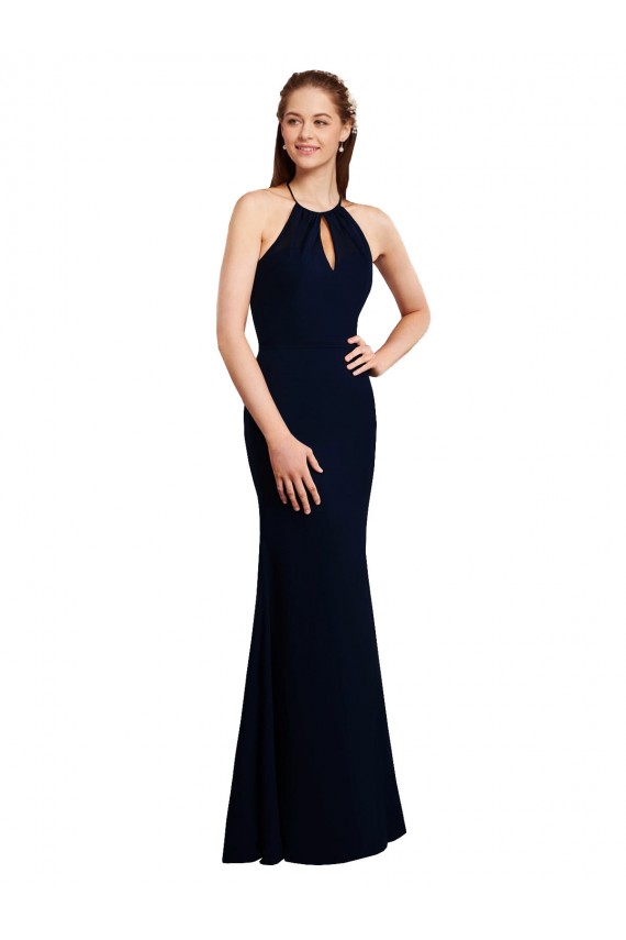 Azul marina oscuro Sirena Halter Gasa Largo Vestidos de dama de honor Outlet