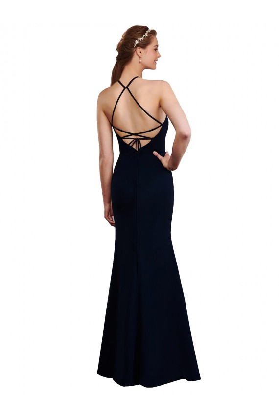 Azul marina oscuro Sirena Halter Gasa Largo Vestidos de dama de honor Outlet
