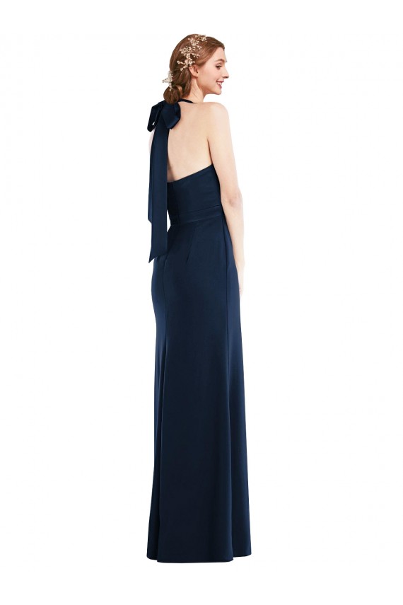 Azul marina oscuro Trompeta Cuello Alto Crepé Elástico Largo Vestidos de dama de honor / Vestidos de fiesta Outlet