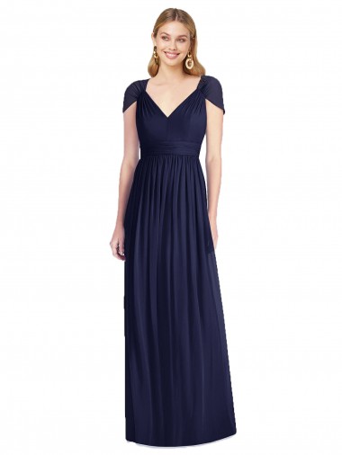 Azul marina oscuro Trompeta Cuello en V Gasa Largo Vestidos de dama de honor Outlet