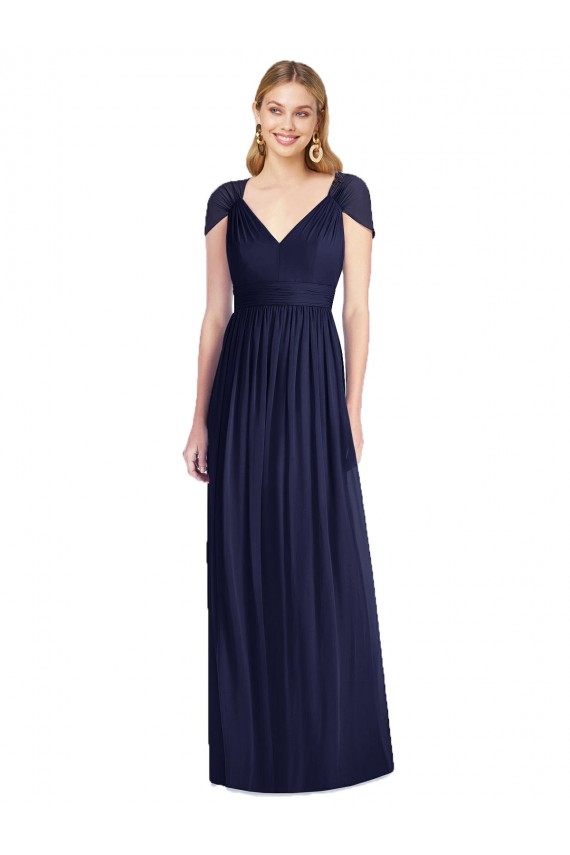 Azul marina oscuro Trompeta Cuello en V Gasa Largo Vestidos de dama de honor Outlet