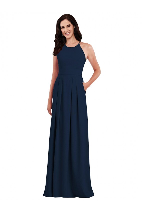 Azul marina oscuro Trompeta Halter Crepé Elástico Largo Vestidos de dama de honor Outlet