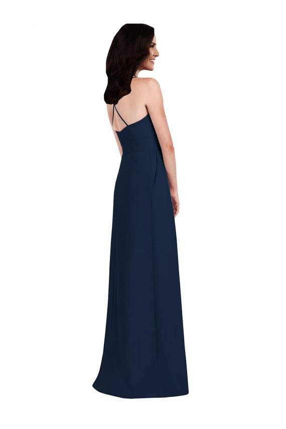 Azul marina oscuro Trompeta Halter Crepé Elástico Largo Vestidos de dama de honor Outlet