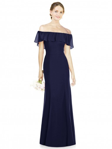 Azul marina oscuro Trompeta Hombros Descubiertos Gasa Largo Vestidos de dama de honor Outlet