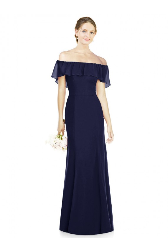 Azul marina oscuro Trompeta Hombros Descubiertos Gasa Largo Vestidos de dama de honor Outlet