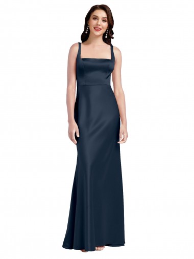 Azul marina oscuro línea A Cuadrado Satén elástico Largo Formales Vestidos de dama de honor / Vestidos de fiesta Outlet