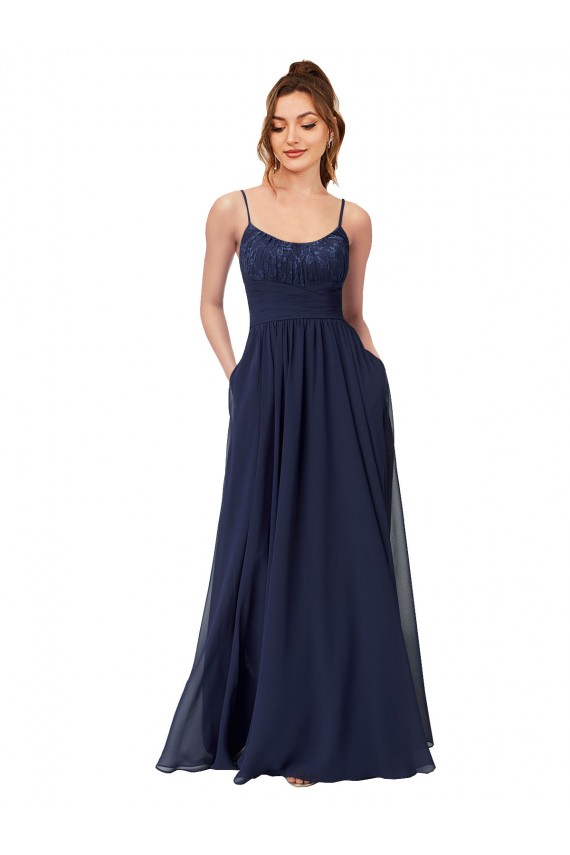 Azul marina oscuro línea A Cucharón Gasa Encaje Largo Vestidos de dama de honor Outlet