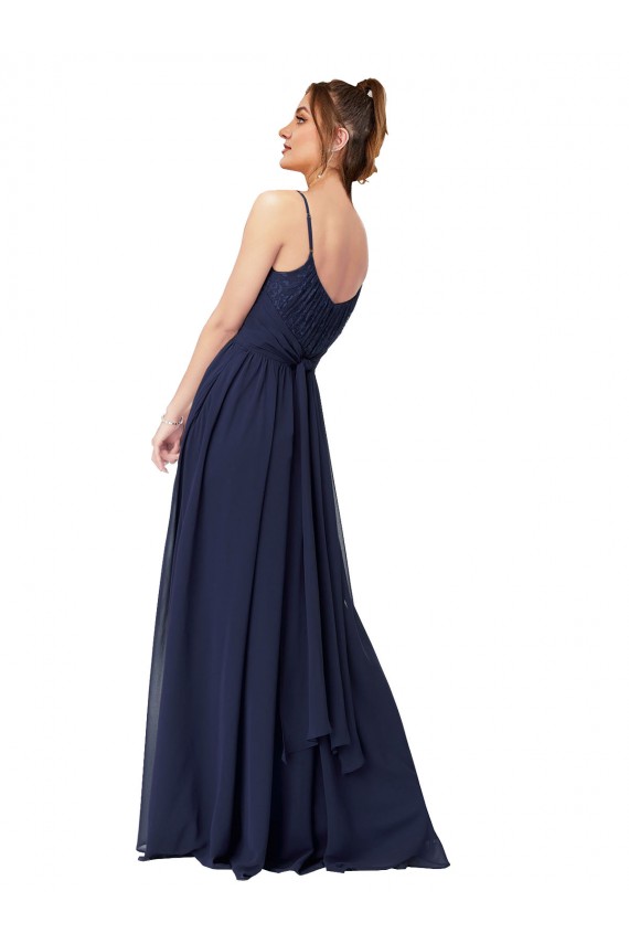 Azul marina oscuro línea A Cucharón Gasa Encaje Largo Vestidos de dama de honor Outlet