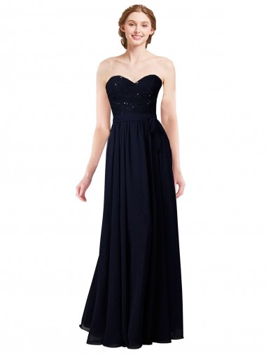 Azul marina oscuro línea A Cuello de Corazón Gasa Largo Vestidos de dama de honor Outlet