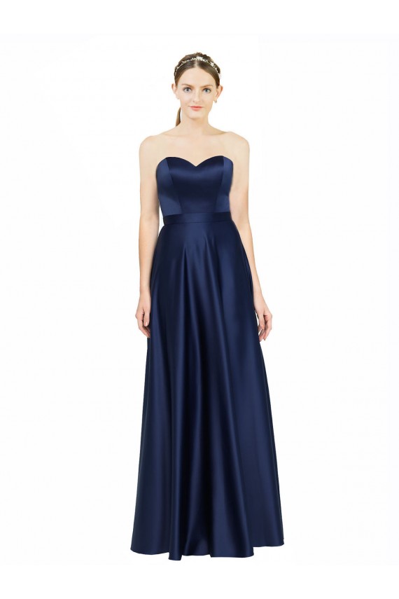 Azul marina oscuro línea A Cuello de Corazón Satén elástico Largo Formales Vestidos de dama de honor / Vestidos de noche Outlet