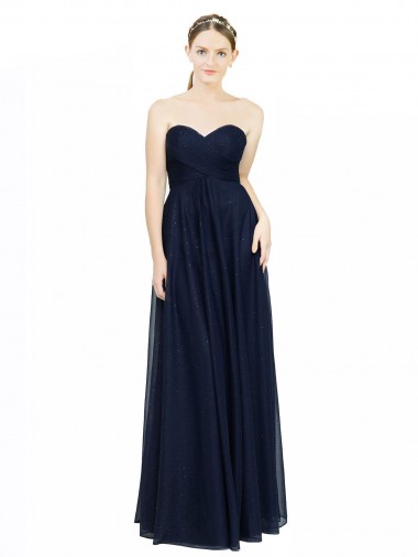 Azul marina oscuro línea A Cuello de Corazón Sin tirantes Gasa Largo Vestidos de dama de honor Outlet