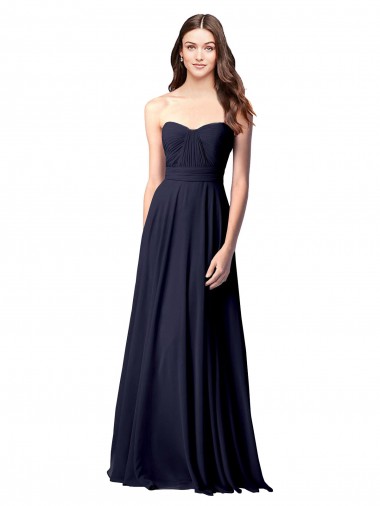 Azul marina oscuro línea A Cuello de Corazón Sin tirantes Gasa Largo Vestidos de dama de honor Outlet