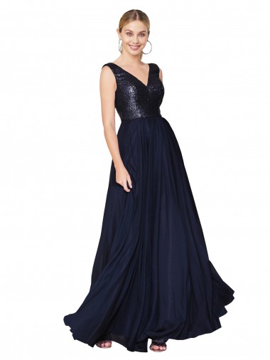 Azul marina oscuro línea A Cuello en V Cuello Alto Gasa Lentejuela Largo Vestidos de dama de honor / Vestidos de fiesta Outlet