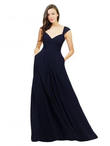 Azul marina oscuro línea A Cuello en V Cuello de Corazón Gasa Largo Vestidos de dama de honor Outlet