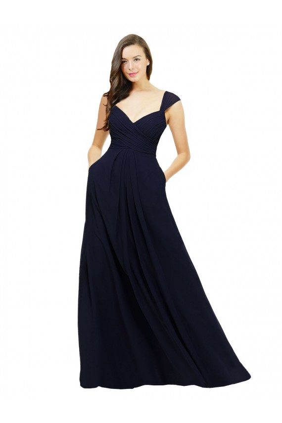 Azul marina oscuro línea A Cuello en V Cuello de Corazón Gasa Largo Vestidos de dama de honor Outlet