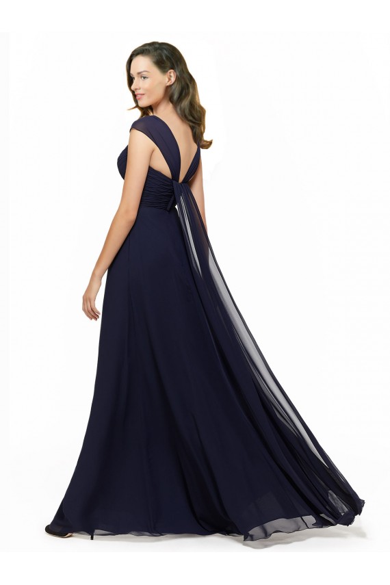 Azul marina oscuro línea A Cuello en V Cuello de Corazón Gasa Largo Vestidos de dama de honor Outlet