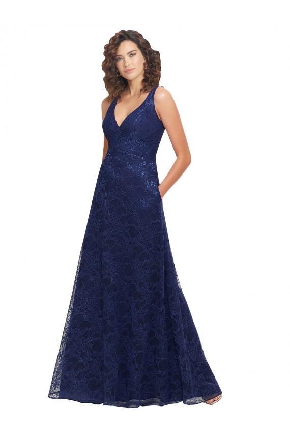 Azul marina oscuro línea A Cuello en V Encaje Largo Vestidos de dama de honor Outlet