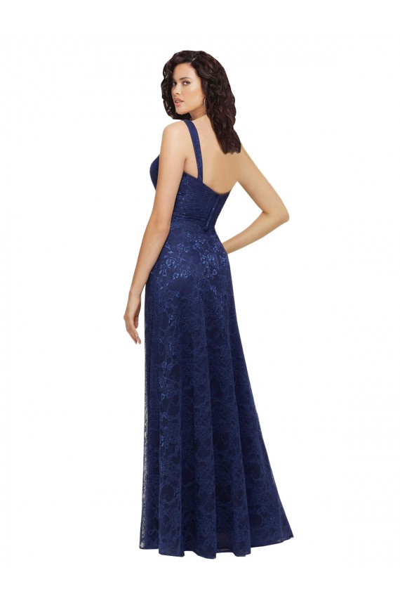 Azul marina oscuro línea A Cuello en V Encaje Largo Vestidos de dama de honor Outlet