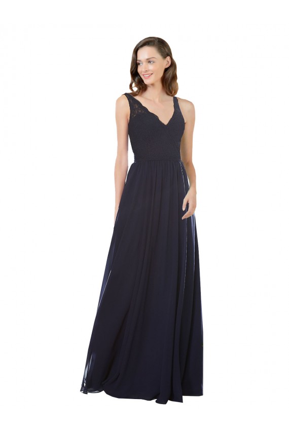 Azul marina oscuro línea A Cuello en V Gasa Encaje Largo Vestidos de dama de honor Outlet